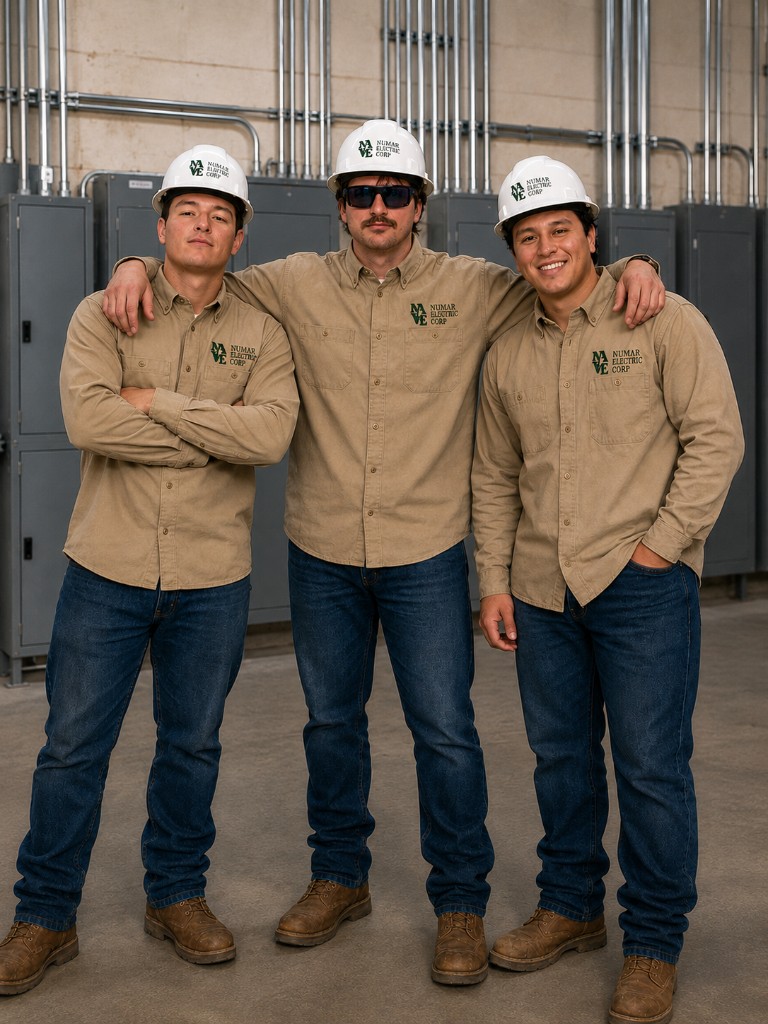 Numar Electric team on site in hard hats and uniforms